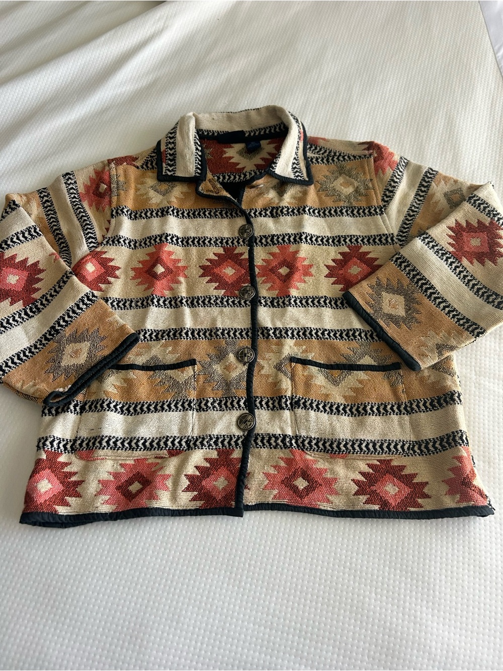 Laura Ashley Vintage Southwestern Aztec Knit Button-Up Cardigan in Beige/Rust - Picture 3 of 11